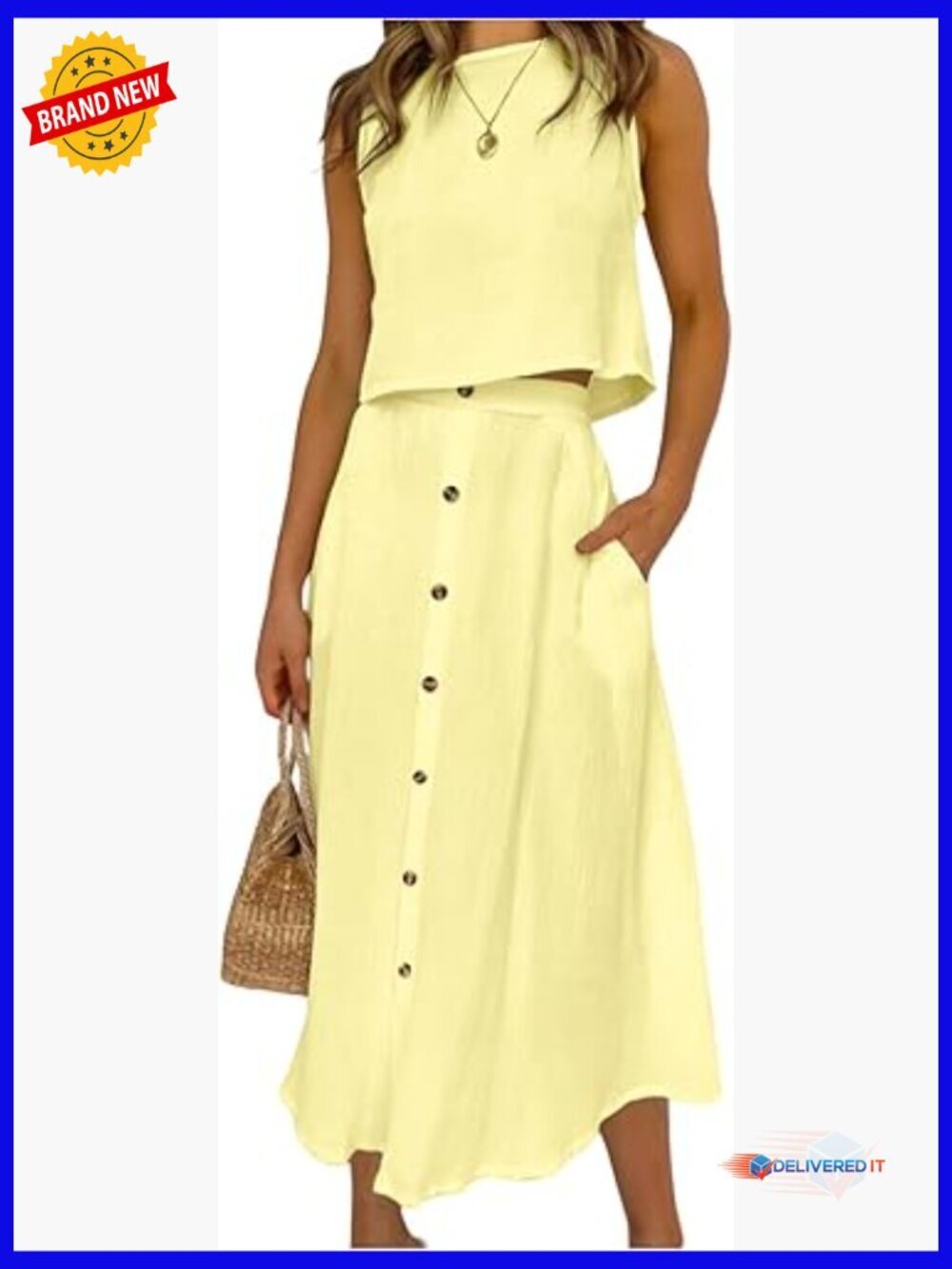 2 Piece Skirt Set Sleeveless Tank Top Button Front A-Line Skirt Summer Outfit